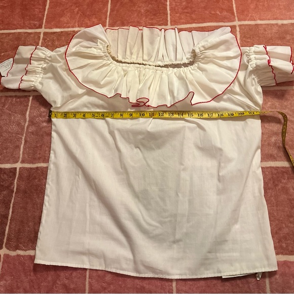 Tops - Women's White Ruffle Off-Shoulder Blouse with Red Trim